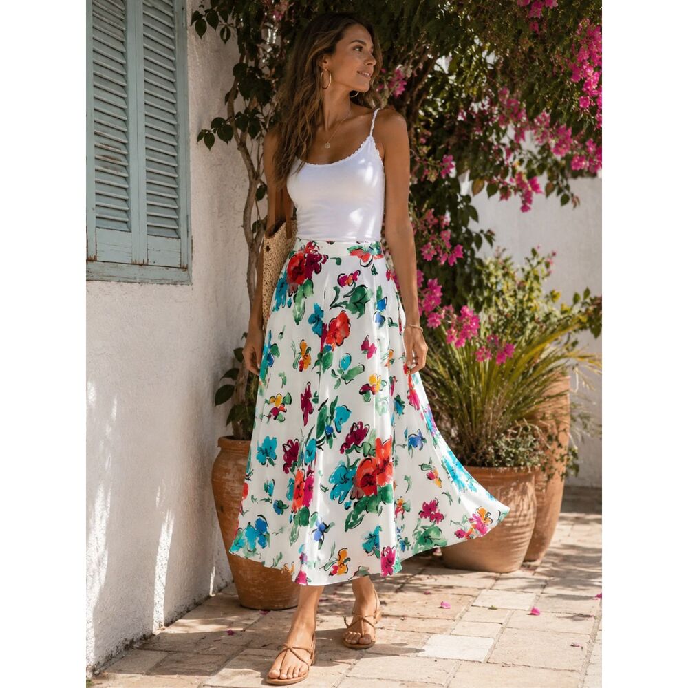 Vintage Colorful Floral Midi Skirt White Watercolor Print Flowy Cottagecore